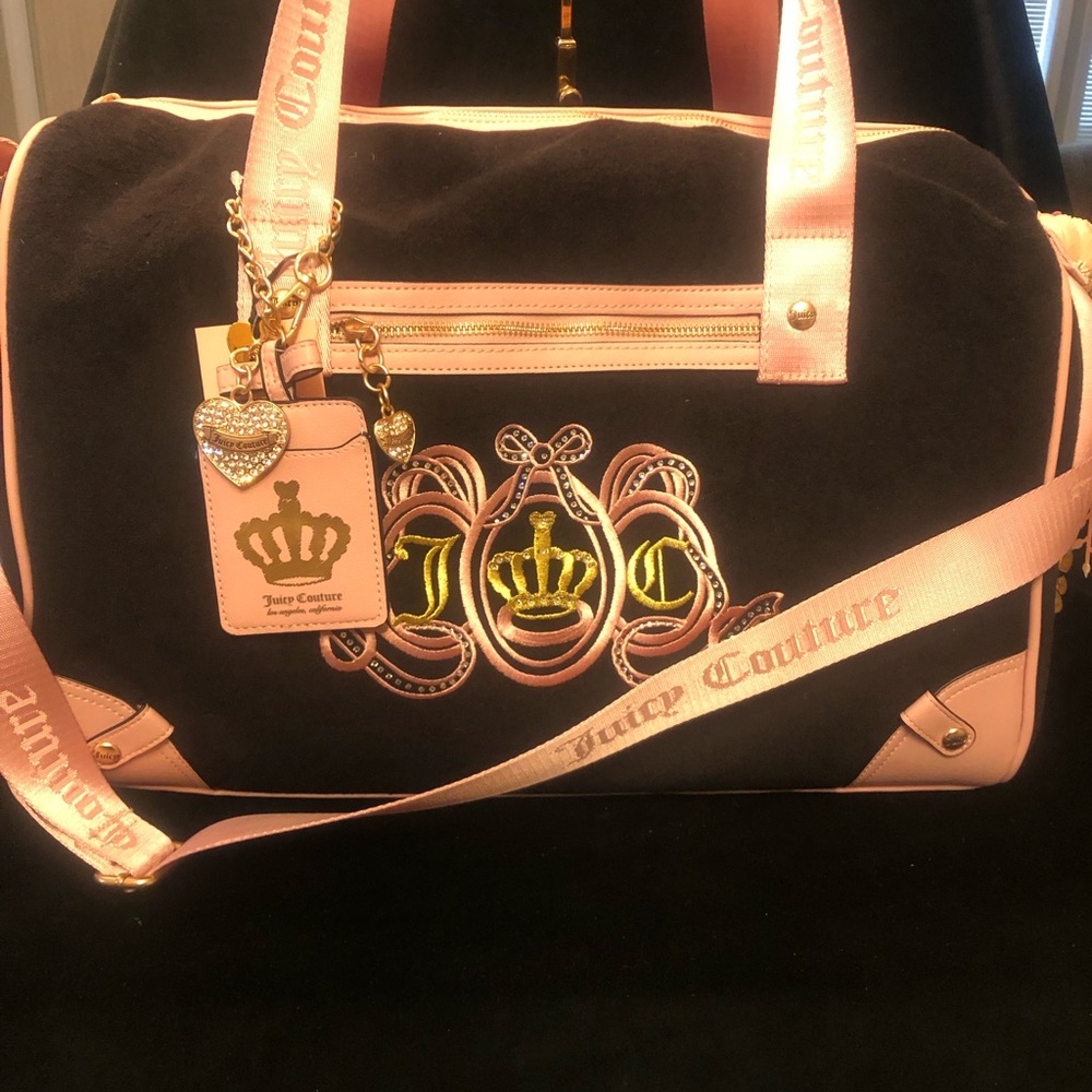 New Juicy Couture Black and Pink Crown Embroidered Large Weekender Bag